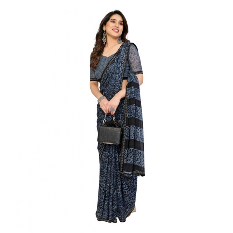 Women's Georgette Printed Saree With Unstitched Blouse 5.5Mtr (Grey)