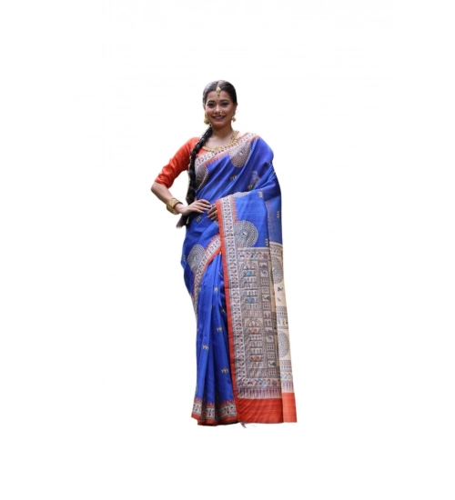 Generic Women's Faux_Tussar_Silk Printed Saree With Unstitched Blouse 5.5Mtr (Navy_Blue)