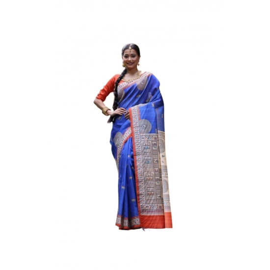 Generic Women's Faux_Tussar_Silk Printed Saree With Unstitched Blouse 5.5Mtr (Navy_Blue)