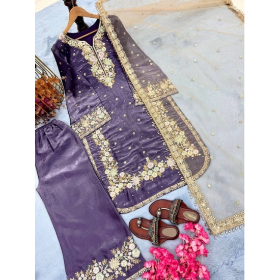 Generic Women's Silk Embroidered 3/4th Sleeve Round Kurti With Palazzo Pant and Dupatta Set (Purple) Generic Women's Silk Embroidered 3/4th Sleeve Round Kurti With Palazzo Pant and Dupatta Set (Purple)