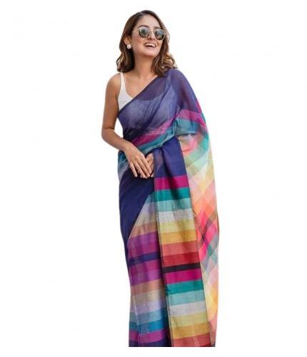 Generic Women's Linen Printed Saree With Unstitched Blouse 5.5Mtr (Navy)