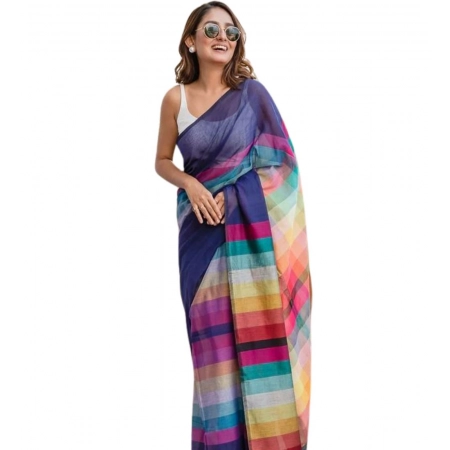 Generic Women's Linen Printed Saree With Unstitched Blouse 5.5Mtr (Navy)