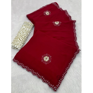 Generic Women's Chiffon Butti Dotted Saree With Unstitched Blouse 5.5Mtr (Red)