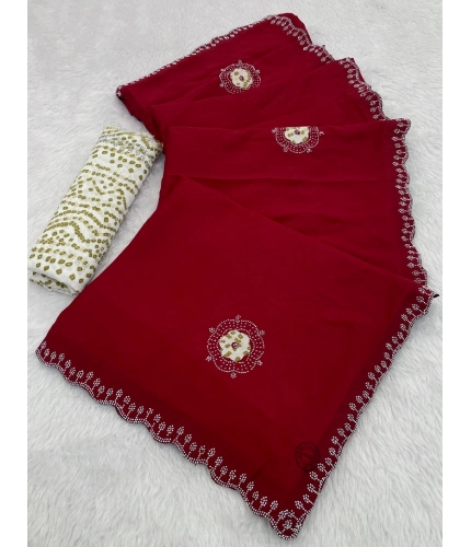 Generic Women's Chiffon Butti Dotted Saree With Unstitched Blouse 5.5Mtr (Red)