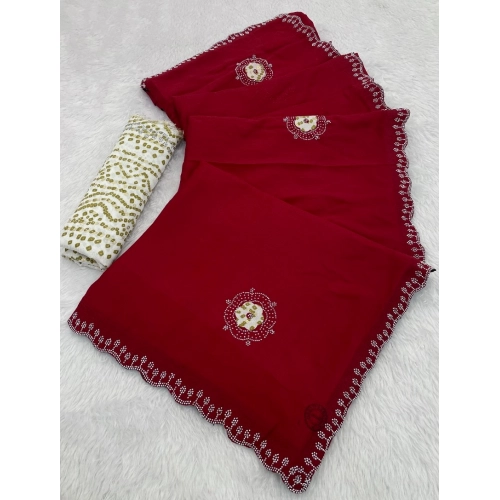 Generic Women's Chiffon Butti Dotted Saree With Unstitched Blouse 5.5Mtr (Red)