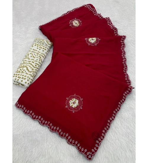 Generic Women's Chiffon Butti Dotted Saree With Unstitched Blouse 5.5Mtr (Red)