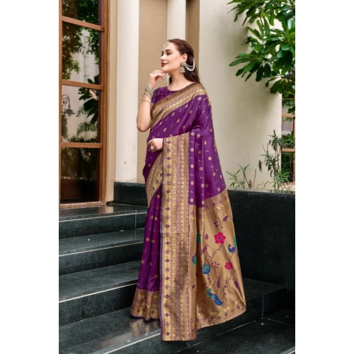 Women's Silk Blend Paithani Weaving Saree With Unstitched Blouse 5.5Mtr (Purple)