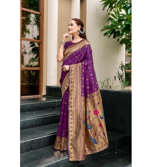 Generic Women's Silk Blend Paithani Weaving Saree With Unstitched Blouse 5.5Mtr (Purple)