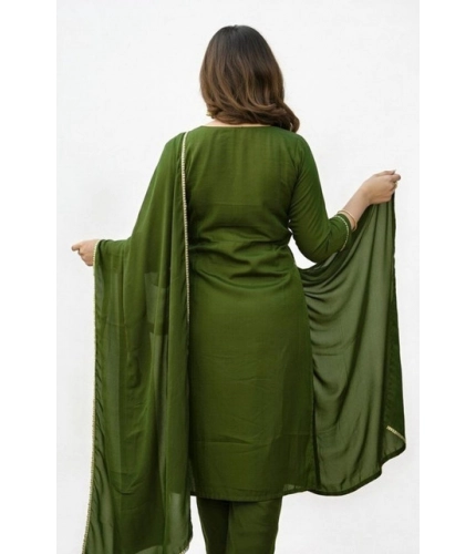 Generic Women's Georgette Ethnic Motif Round 3/4th Sleeve Kurti With Pant Dupatta Set (Mahendi)