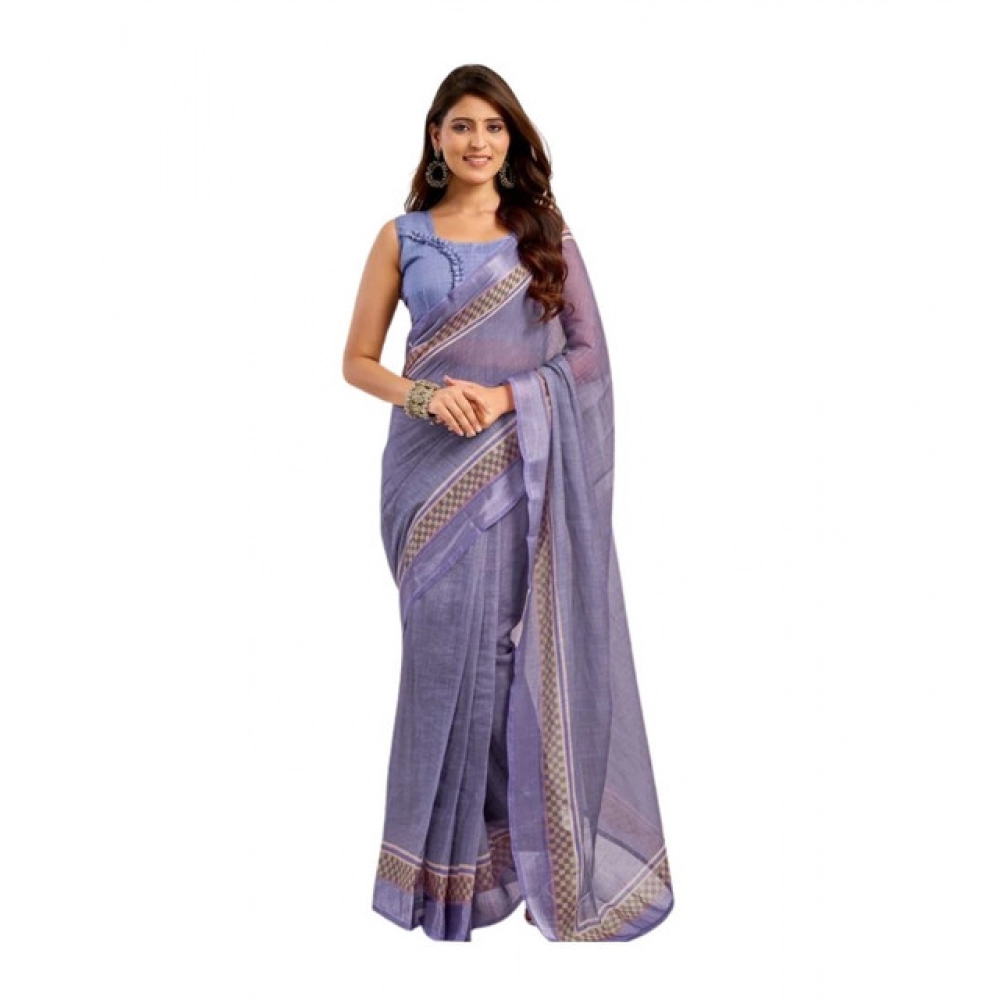 Generic Women's Linen Cotton Printed Ready To Wear Saree With Unstitched Blouse 5.5 Mtr (Light_Lavender)