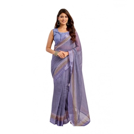 Generic Women's Linen Cotton Printed Ready To Wear Saree With Unstitched Blouse 5.5 Mtr (Light_Lavender)