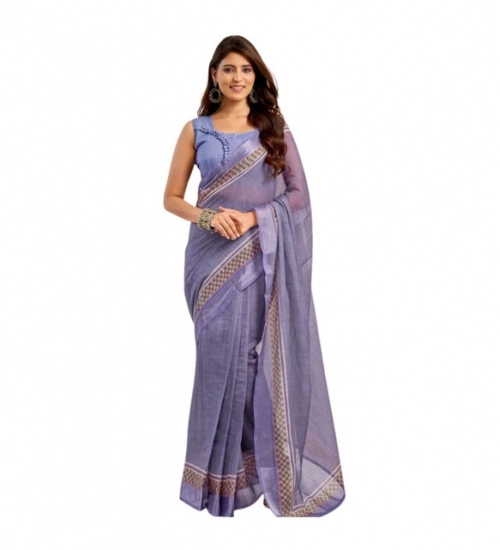 Generic Women's Linen Cotton Printed Ready To Wear Saree With Unstitched Blouse 5.5 Mtr (Light_Lavender)