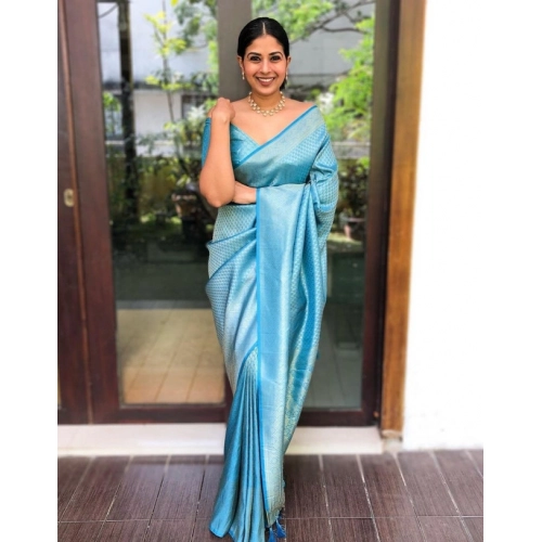 Women's Litchi silk Printed Saree With Unstitched Blouse (Sky Blue) Women's Litchi silk Printed Saree With Unstitched Blouse (Sky Blue)