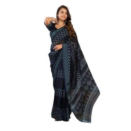 Generic Women's Linen Cotton Printed Ready To Wear Saree With Unstitched Blouse 5.5 Mtr (Black)