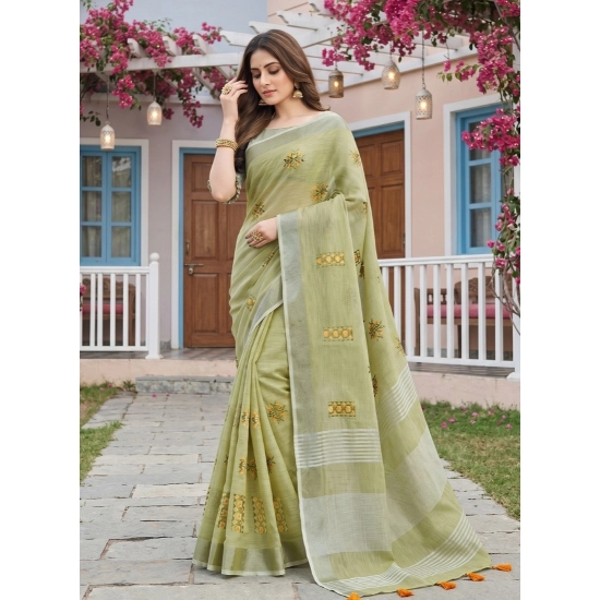 Generic Women's Linen Embroidered Saree With Unstitched Blouse 5.5Mtr (Light Green) Generic Women's Linen Embroidered Saree With Unstitched Blouse 5.5Mtr (Light Green)