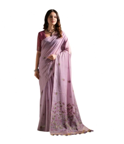 Generic Women's Blended_Cotton Floral Saree With Unstitched Blouse 5.5Mtr (Lavender)