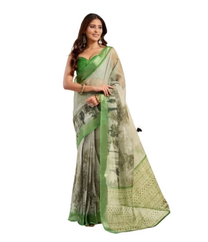 Generic Women's Faux Linen Printed Ready to wear Saree With Unstitched Blouse 5.5Mtr (Light_Green)