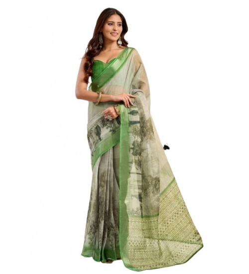Generic Women's Faux Linen Printed Ready to wear Saree With Unstitched Blouse 5.5Mtr (Light_Green)