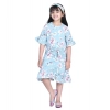 Generic Girl's Polyester Crepe Floral Bell Sleeve Dress (Turquoise Blue) Generic Girl's Polyester Crepe Floral Bell Sleeve Dress (Turquoise Blue)
