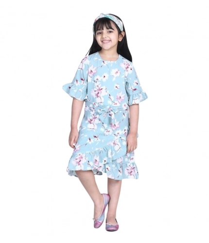 Generic Girl's Polyester Crepe Floral Bell Sleeve Dress (Turquoise Blue)