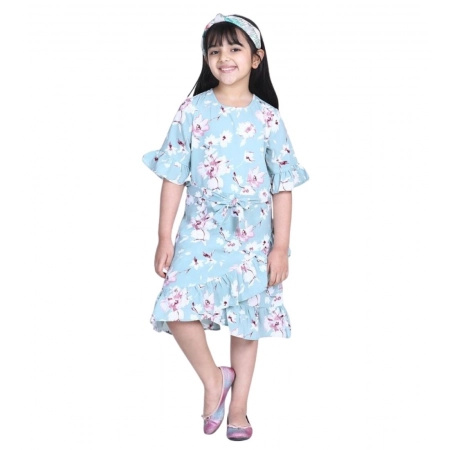 Generic Girl's Polyester Crepe Floral Bell Sleeve Dress (Turquoise Blue) Generic Girl's Polyester Crepe Floral Bell Sleeve Dress (Turquoise Blue)
