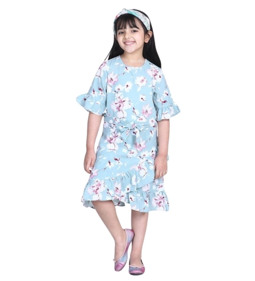 Generic Girl's Polyester Crepe Floral Bell Sleeve Dress (Turquoise Blue) Generic Girl's Polyester Crepe Floral Bell Sleeve Dress (Turquoise Blue)
