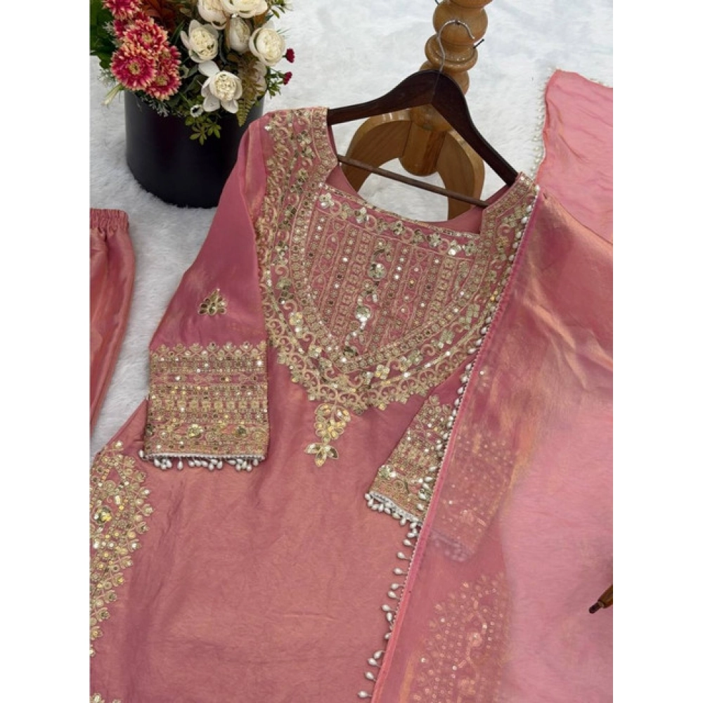 Generic Women's Silk Embroidered 3/4th Sleeve Round Kurti With Sharara Pant and Dupatta Set (Pink) Generic Women's Silk Embroidered 3/4th Sleeve Round Kurti With Sharara Pant and Dupatta Set (Pink)