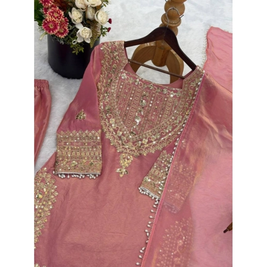 Generic Women's Silk Embroidered 3/4th Sleeve Round Kurti With Sharara Pant and Dupatta Set (Pink) Generic Women's Silk Embroidered 3/4th Sleeve Round Kurti With Sharara Pant and Dupatta Set (Pink)