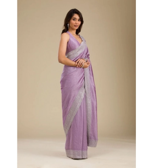 Generic Women's Silk Embroidred Saree With Unstitched Blouse 5.5Mtr (Purple)