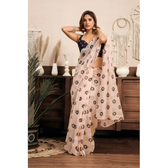 Generic Women's Linen Cotton Printed Ready To Wear Saree With Unstitched Blouse 5.5 Mtr (Light_Peach)