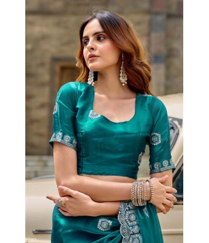 Generic Women's Faux Shimmer Geometric Ready to wear Saree With Unstitched Blouse 5.5Mtr (Teal)