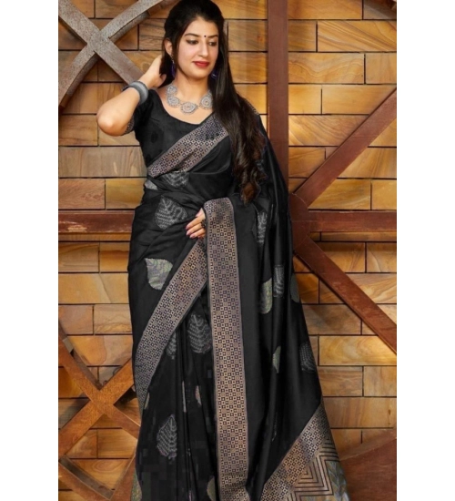 Generic Women's Litchi silk Printed Saree With Unstitched Blouse (Black)