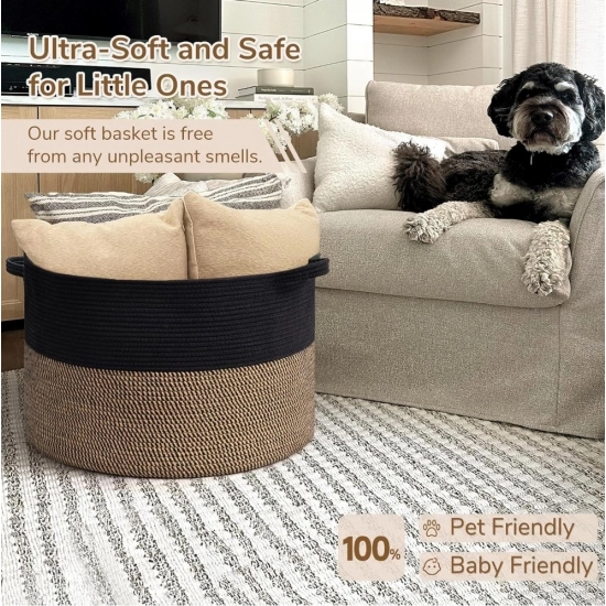 Generic Cotton Pack Of_1 16x14 Inch Storage Basket For Clothes With Out Lid (Black-Beige-Black)