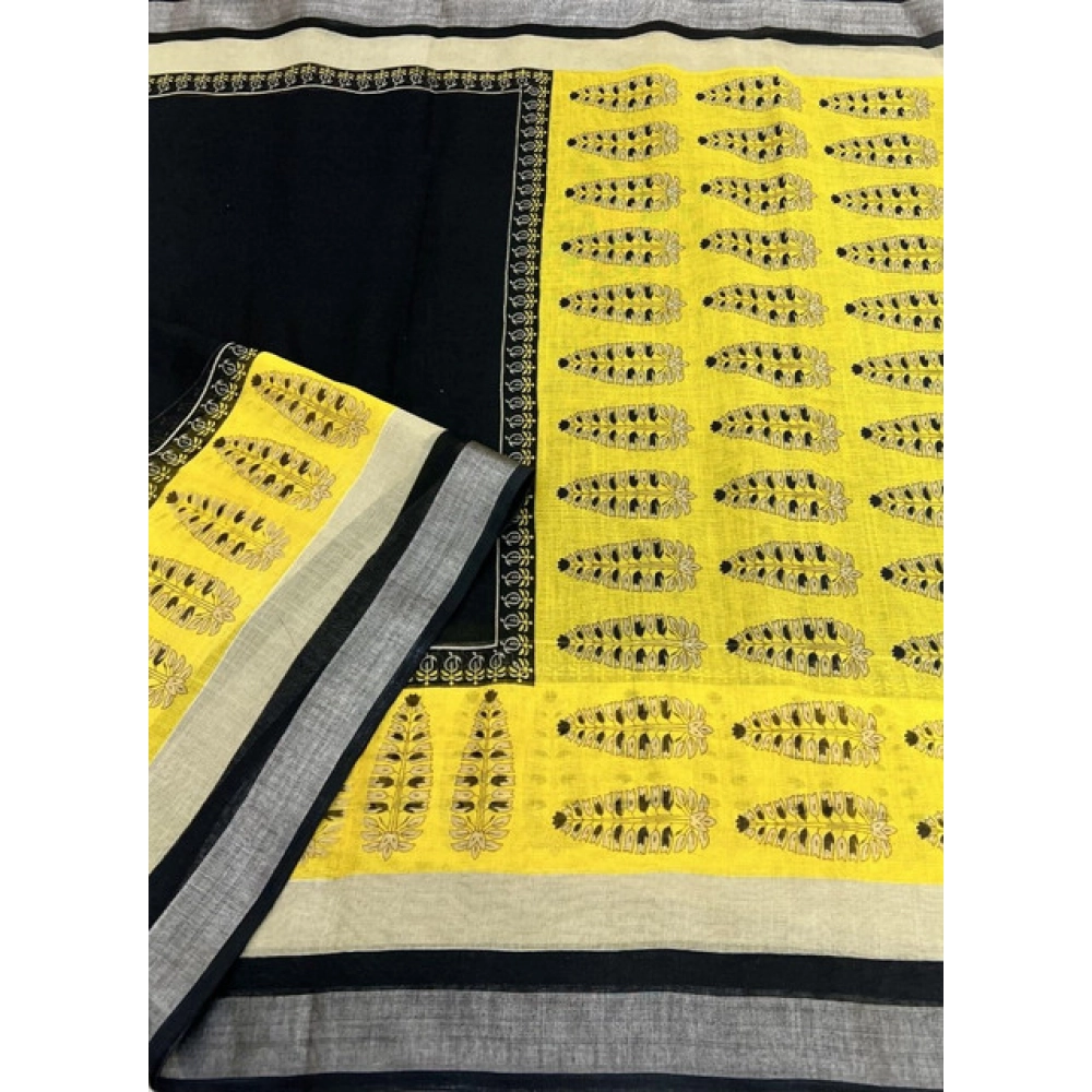 Generic Women's Cotton Linen Printed Saree With Unstitched Blouse 5.5Mtr (Black) Generic Women's Cotton Linen Printed Saree With Unstitched Blouse 5.5Mtr (Black)