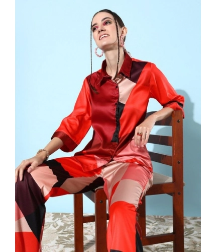 Generic Women's Satin Colour Block Long Sleeves Co-Ord Set (Multicolor)