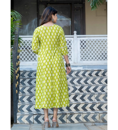 Generic Women's Rayon Print With Embroidery Work A-Line Kurti (Parrot)