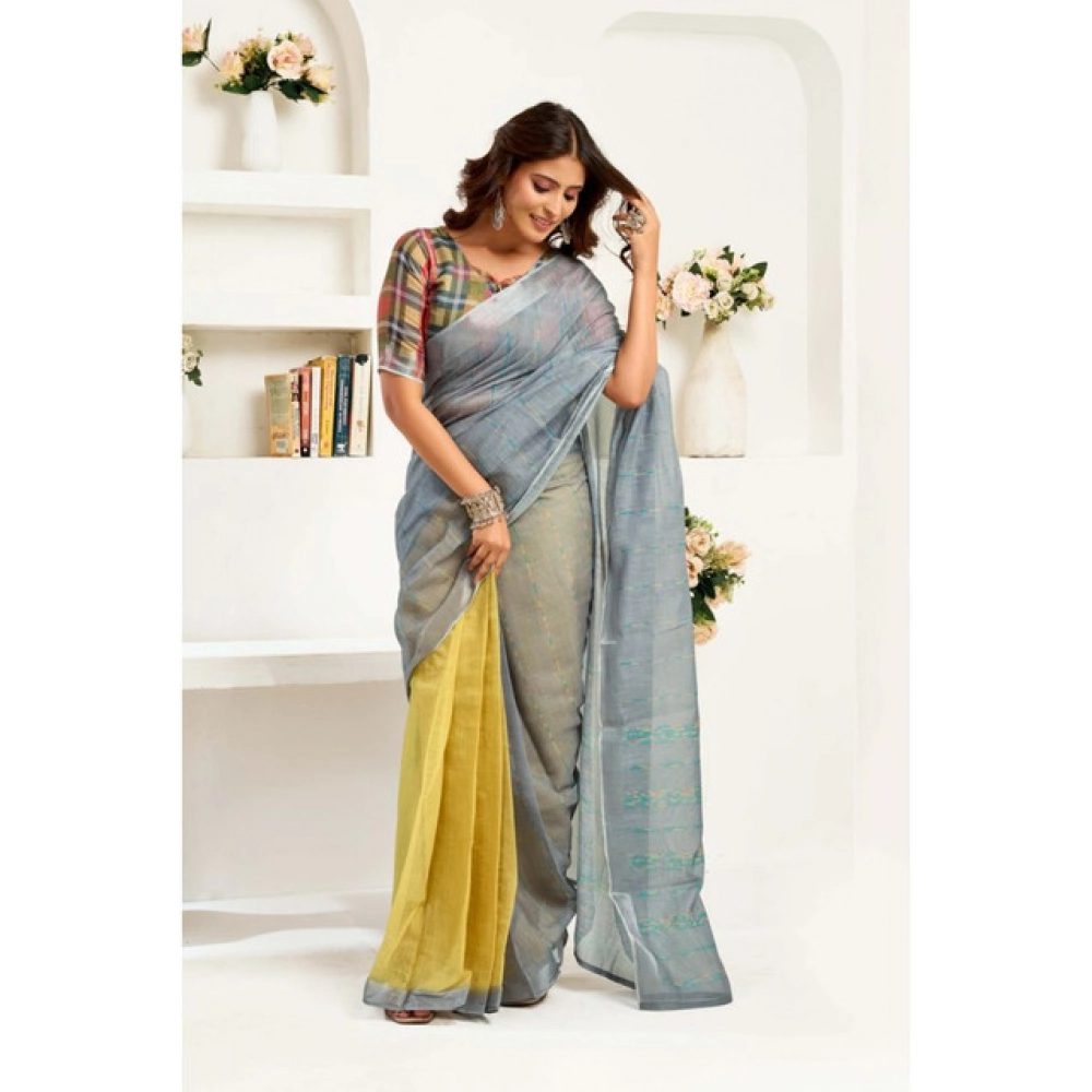 Generic Women's Linen Cotton Printed Ready To Wear Saree With Unstitched Blouse 5.5 Mtr (Grey)