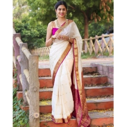 Generic Women's Soft Litchi Silk Jacquard Work Saree With Unstitched Blouse 5.5Mtr (White)