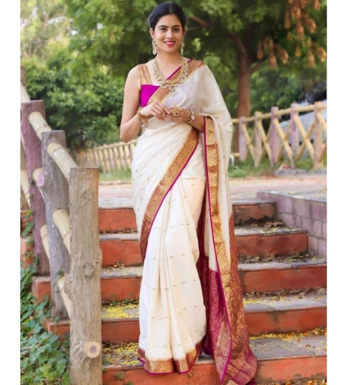 Generic Women's Soft Litchi Silk Jacquard Work Saree With Unstitched Blouse 5.5Mtr (White)