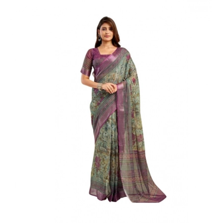Generic Women's Linen Cotton Printed Ready To Wear Saree With Unstitched Blouse 5.5 Mtr (Multicolor)