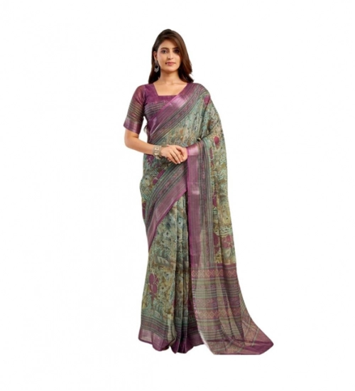 Generic Women's Linen Cotton Printed Ready To Wear Saree With Unstitched Blouse 5.5 Mtr (Multicolor)
