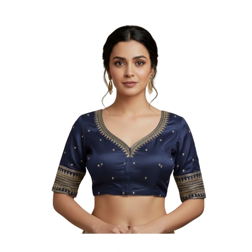 Generic Women's Vichitra Silk V Neck Padded Blouse (Navy, 38 Ready Size (Self-Alterable 36–40)
