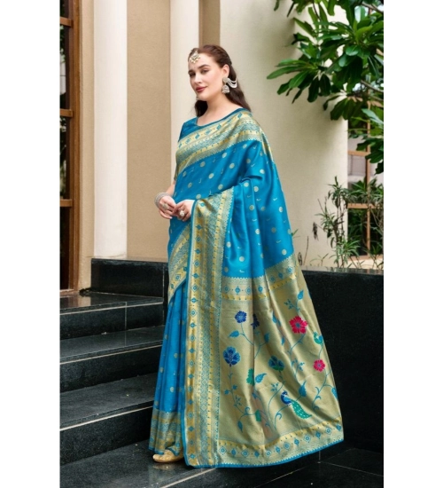 Generic Women's Silk Blend Paithani Weaving Saree With Unstitched Blouse 5.5Mtr (Turquoise)