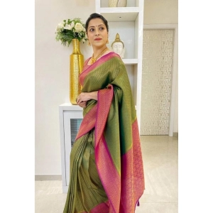 Generic Women's Soft Lichi Silk Printed Saree With Unstitched Blouse 5.5Mtr (Mehndi-Green)