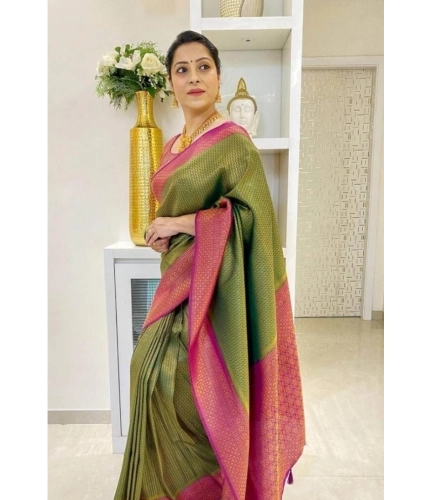 Generic Women's Soft Lichi Silk Printed Saree With Unstitched Blouse 5.5Mtr (Mehndi-Green)