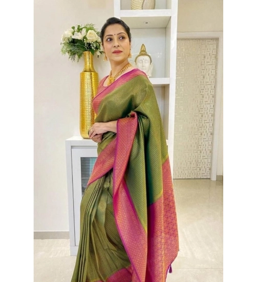 Generic Women's Soft Lichi Silk Printed Saree With Unstitched Blouse 5.5Mtr (Mehndi-Green)