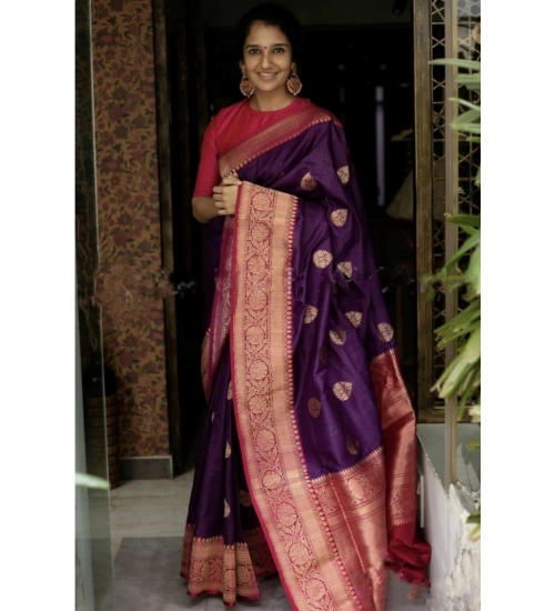 Generic Women's Soft Litchi Silk Jacquard Work Saree With Unstitched Blouse 5.5Mtr (Purple)