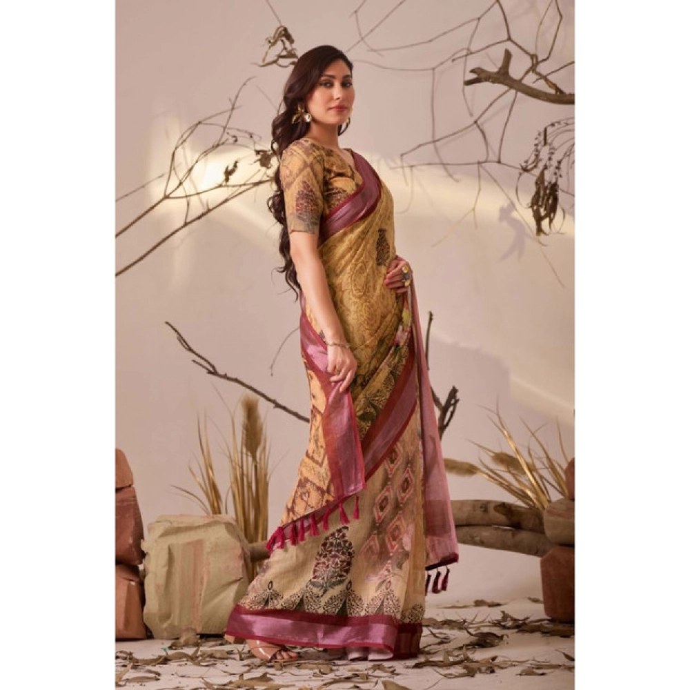 Generic Women's Faux_Linen Printed Saree With Unstitched Blouse 5.5Mtr (Mustard)
