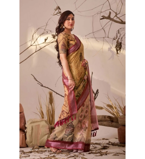 Generic Women's Faux_Linen Printed Saree With Unstitched Blouse 5.5Mtr (Mustard)