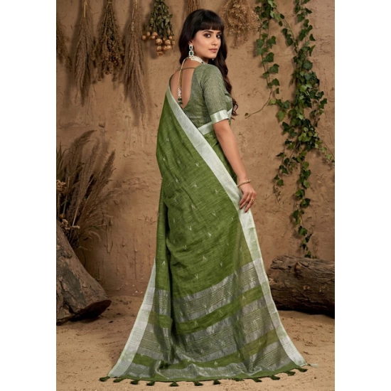 Generic Women's Linen Cotton Printed Saree With Unstitched Blouse 5.5Mtr (Green) Generic Women's Linen Cotton Printed Saree With Unstitched Blouse 5.5Mtr (Green)